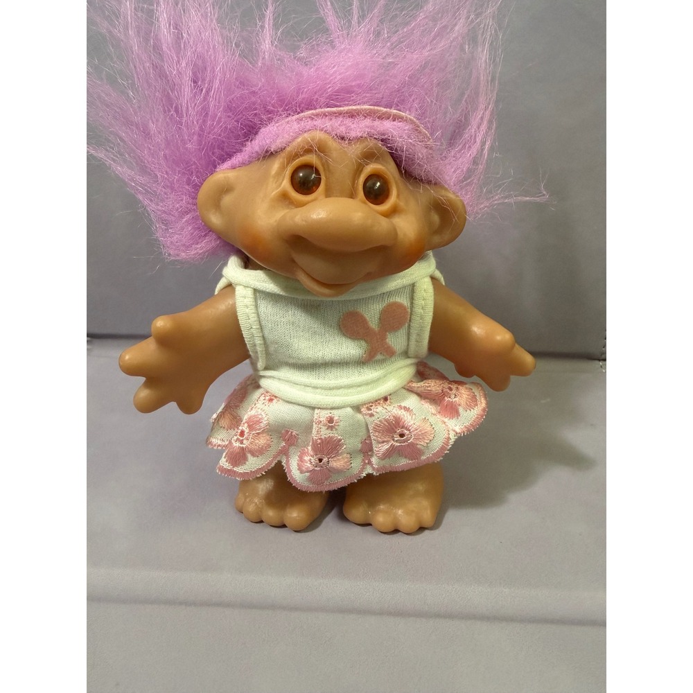 Vintage 1986 DAM Troll Doll Purple Hair Butterfly Floral Outfit 3 inch 80s Toy